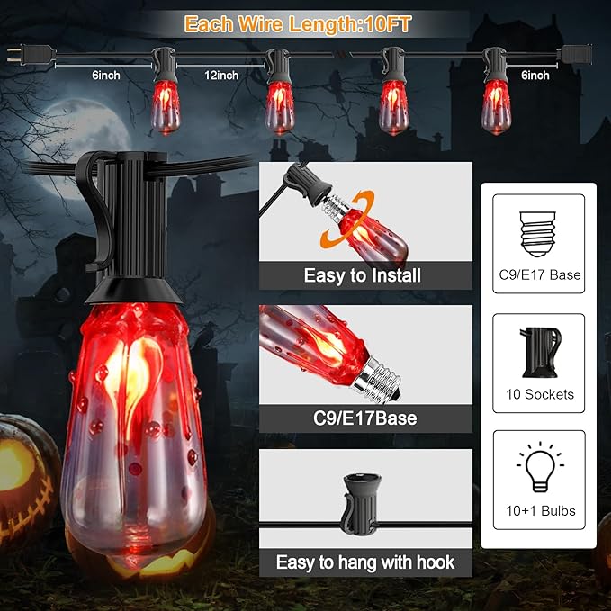 10FT Halloween String Lights Outdoor with 11 ST40 Flame Bulbs (1 Spare), Plug in Halloween Flaming Blood Drop Light Strings UL Listed for Patio, Backyard, Halloween, Party Decoration, E17 Base