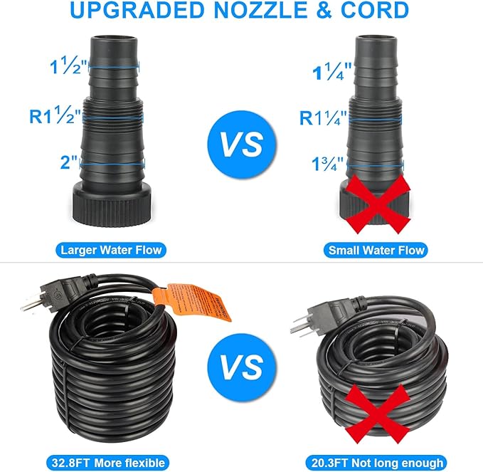 Outdoor 3000gph-155W 32.8FT Pond Water-fall & Kio Fish Fountain-s &Garden Pump Submersible IPX8: Long 32.8FT Cord Smart-er & Quieter Duck & Yard Ponds Pumps, 1 Barrier Pump Bag