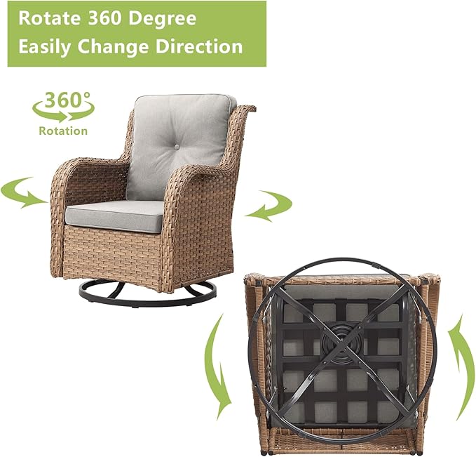 Outdoor Patio Swivel Rocker Chairs - 3 Piece Patio Bistro Set,Wicker Patio Furniture Set with 2 Swivel Rocking Chairs and 1 Glass Top Side Table for Deck Porch Garden,Yellow/Beige