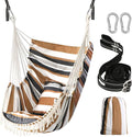 Chihee Hammock Chair Hanging Swing 2 Pillows Included,Strong Webbing Straps and Hooks for Easy Hanging Soft Cotton Hanging Chair Side Pocket Tassel Chair Comfort Indoor Outdoor Brown Stripes