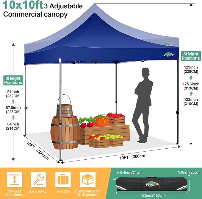COBIZI 10x10 Pop Up Canopy Tent 10x10 Easy up Canopy, Heavy Duty Outdoor Canopy UPF 50+ All Weather Waterproof Instant Party Tents for Parties Gazebo with Handbag, Navy Blue(Windproof Upgraded)