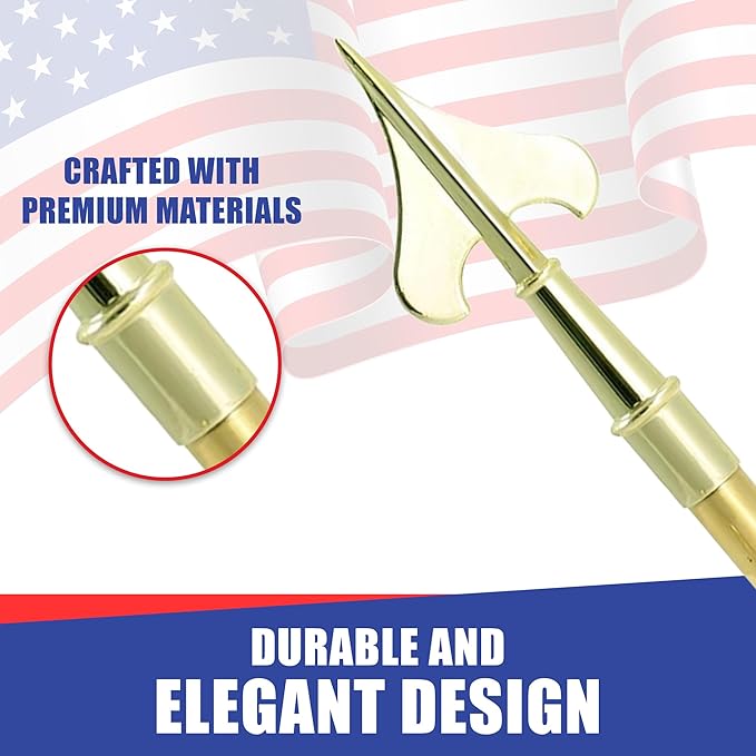 Super Tough Indoor Flag Pole kit 8ft - Army Spear - Gold Texture Base - Aluminum Flagpole with Brass Finish - Heavy Duty Inside House Flagstaff - Interior Shaft and Stand - No Ensign Included