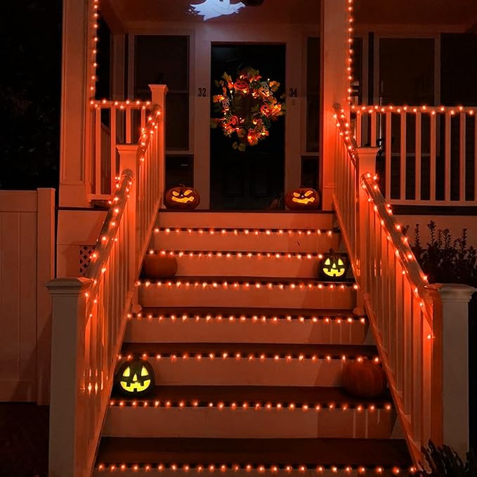 YEGUO 4 Pack Orange Solar Halloween Lights Outdoor Waterproof, Each 33ft 100 LED Solar Fairy Lights, 8 Modes Solar String Lights