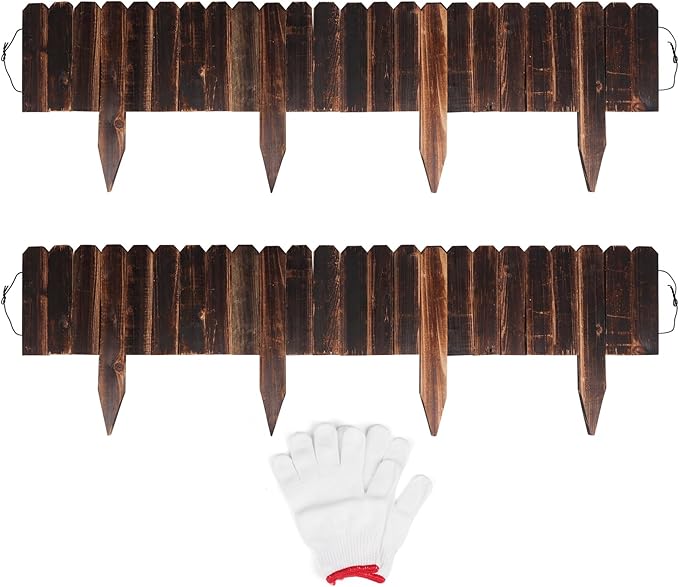 2 Pack Garden Wooden Fence Anti-Corrosive Outdoor Landscape Edging Flexible Decorative Border with a Pair of Gloves for Garden Yard Flower Tree Fence - 7.9'' H x 47'' L