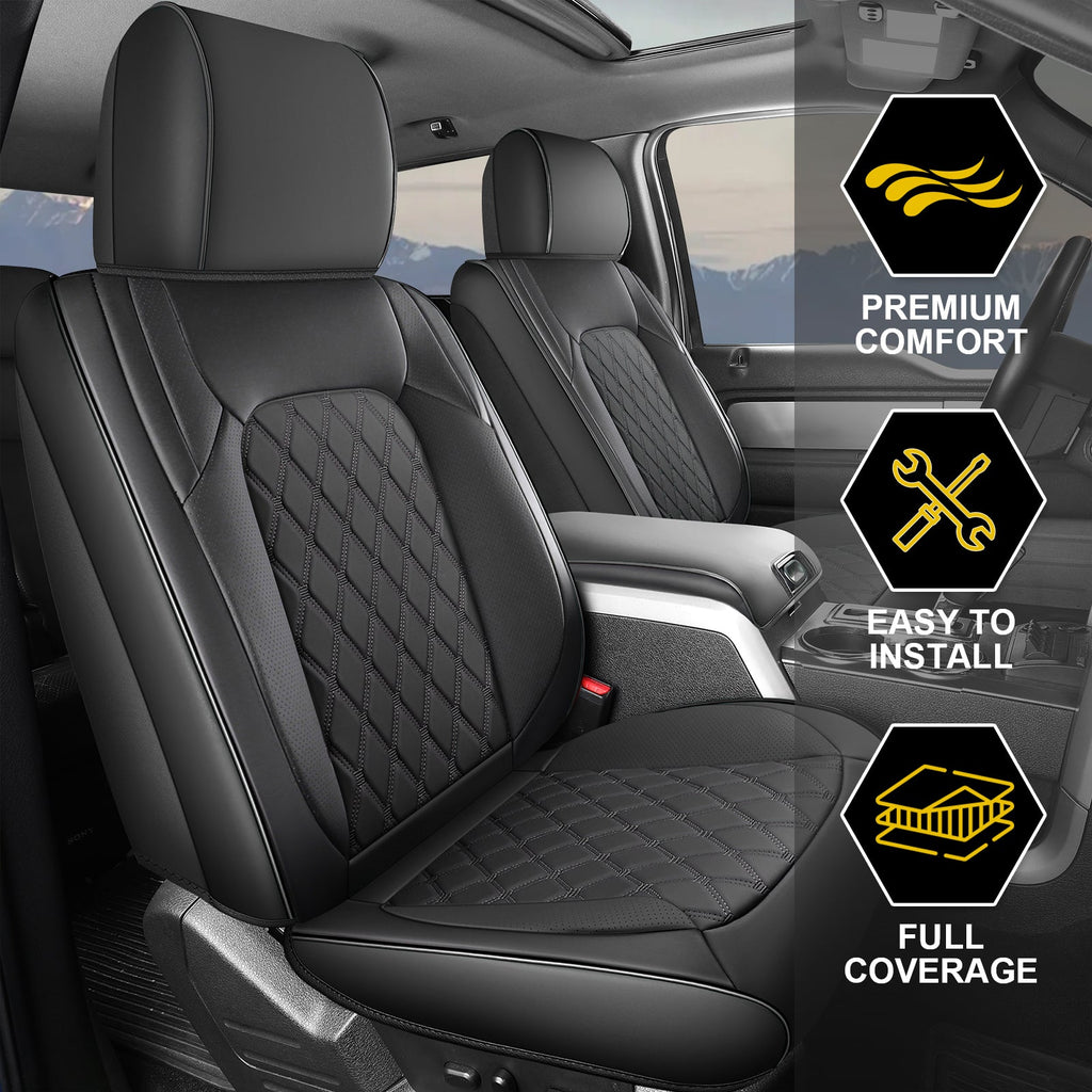Umbrauto Custom Fit Seat Covers for Ford F150, Pickup Truck Nappa Leather Seatcovers for 2015-2025 Ford F150 SuperCrew/ 2017-2025 F250 F350 F450 Super Duty Crew Cab XL XLT Lariat King Ranch Platinum,Black