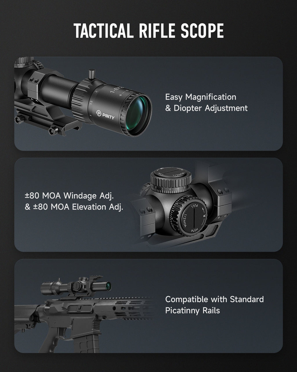 PINTY  1-8x24 FFP LPVO Rifle Scope with Red & Green Illuminated Reticle, Self-Locking Turrets & Cantilever Mount for Picatinny Rail