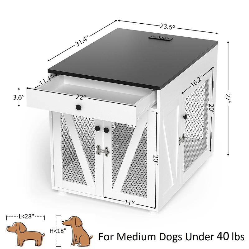 Furniture-Style Wooden Dog Crate End Table with USB Charging, Storage Drawer & Double Latch – For Medium Dogs up to 40 lbs