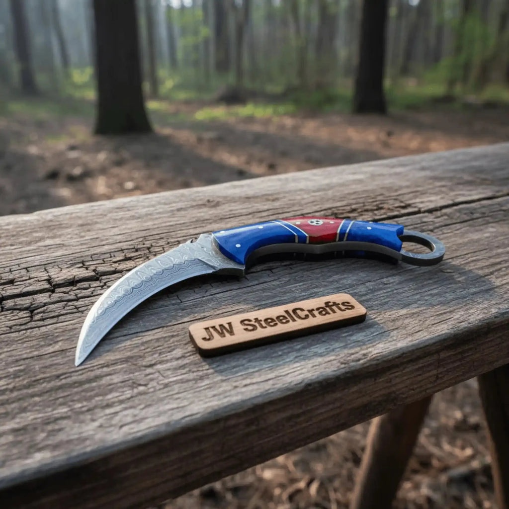 8" Damascus Karambit Knife Blue wood Handle Hunting Knife with Sheath