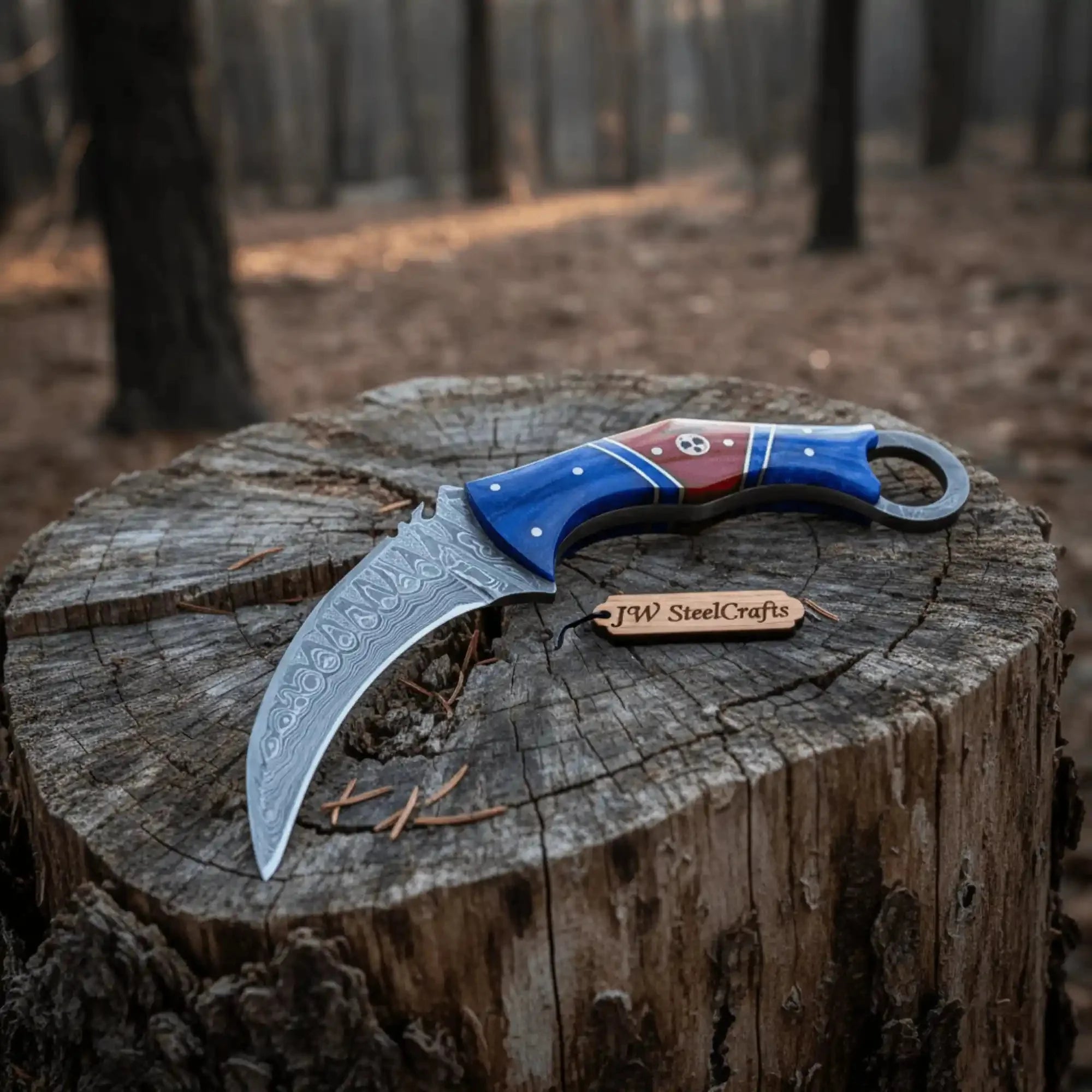 8" Damascus Karambit Knife Blue wood Handle Hunting Knife with Sheath