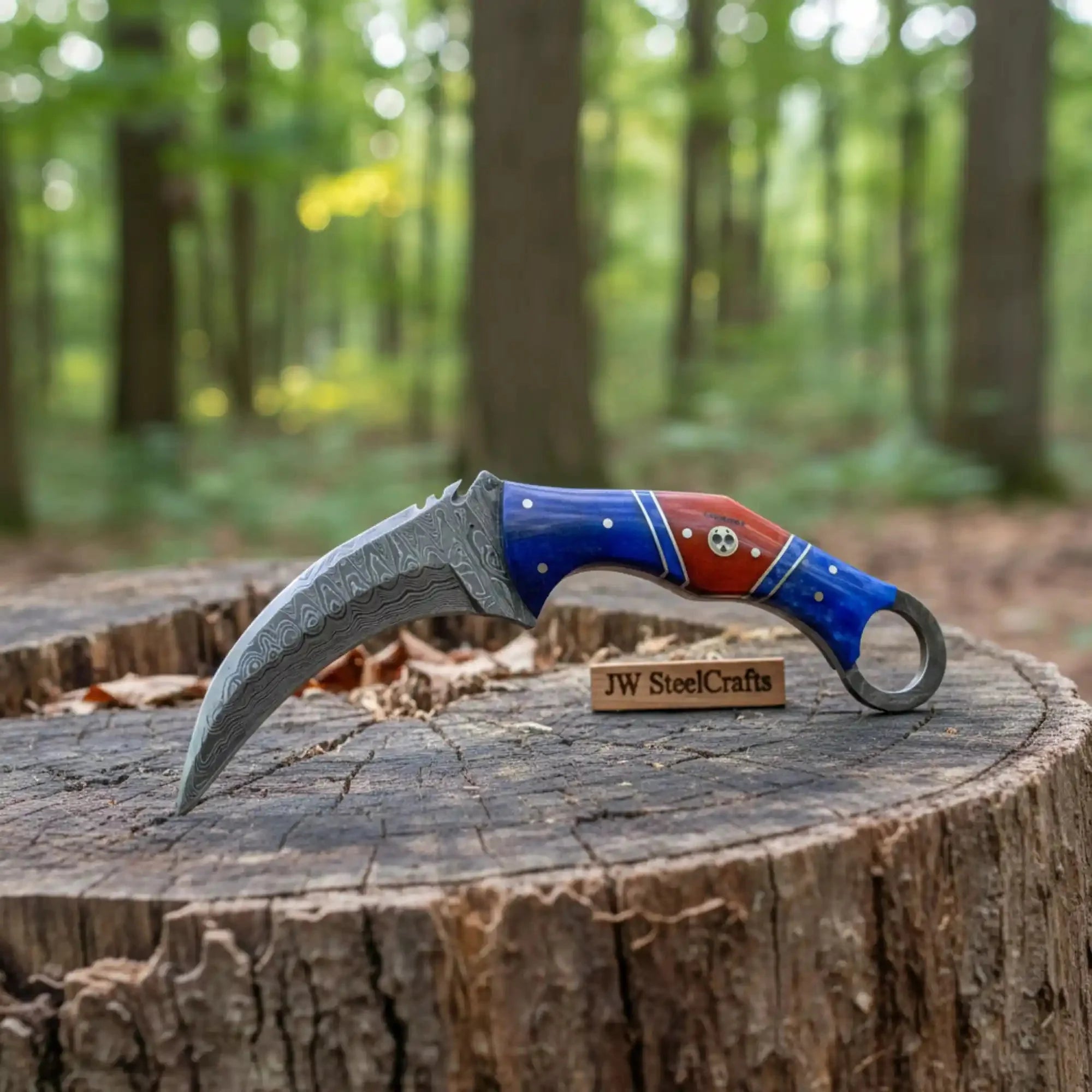 8" Damascus Karambit Knife Blue wood Handle Hunting Knife with Sheath
