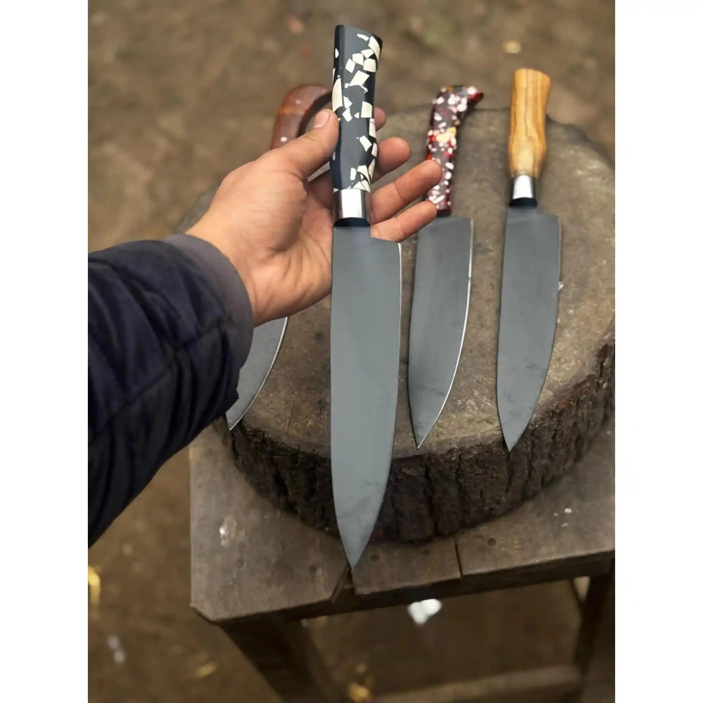 8-Inch Chef Knife — Black-Finished Blade with Choice of Designer Handle (Rosewood, Olive Wood, or Resin Options)