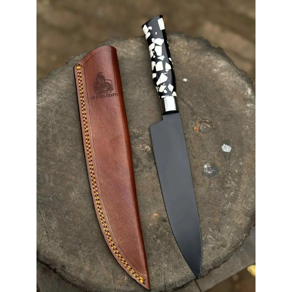 8-Inch Chef Knife — Black-Finished Blade with Choice of Designer Handle (Rosewood, Olive Wood, or Resin Options)
