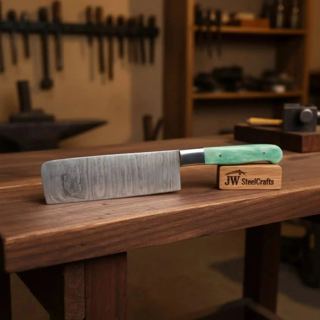 8-Inch Chinese-Style Vegetable Cleaver — Pattern-Welded Damascus Blade with Colored Green Bone Handle (Full Tang, Hand-Forged) — JW SteelCrafts