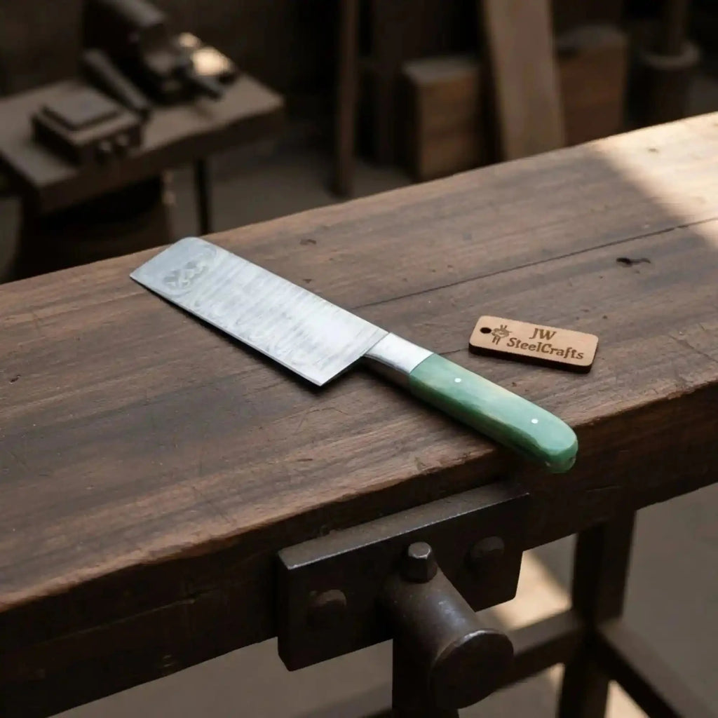 8-Inch Chinese-Style Vegetable Cleaver — Pattern-Welded Damascus Blade with Colored Green Bone Handle (Full Tang, Hand-Forged) — JW SteelCrafts