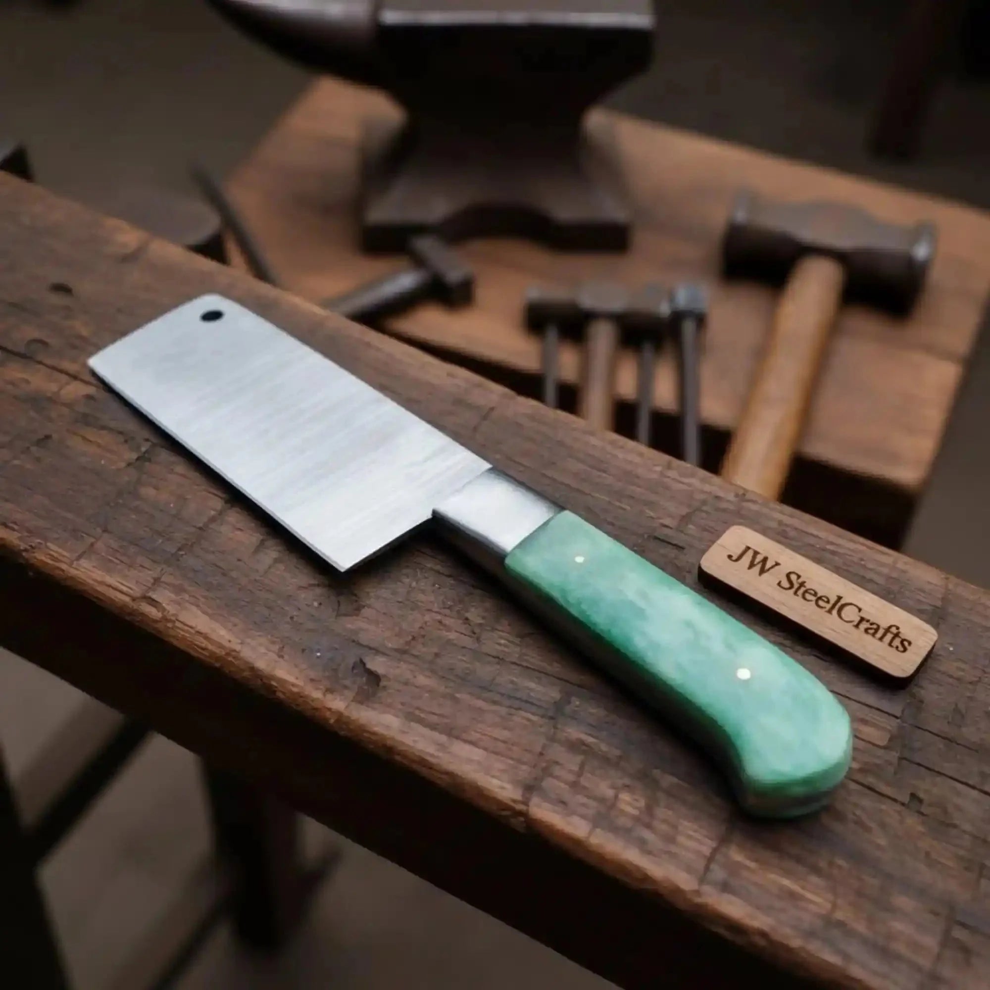8-Inch Chinese-Style Vegetable Cleaver — Pattern-Welded Damascus Blade with Colored Green Bone Handle (Full Tang, Hand-Forged) — JW SteelCrafts