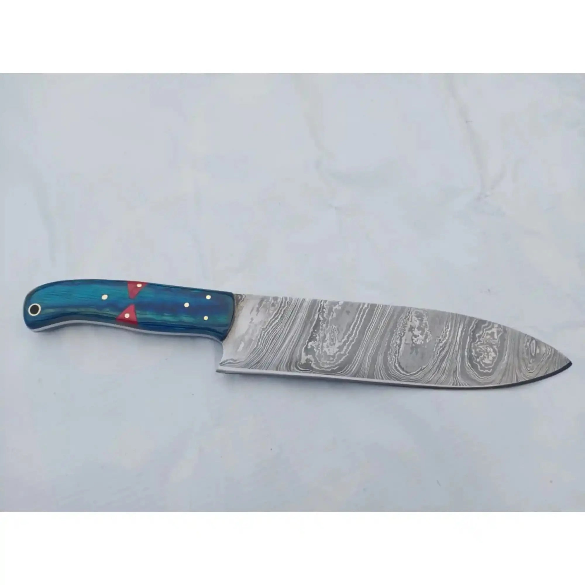 8-Inch Gyuto Chef Knife — Twisted Damascus Blade with Blue & Red Pakka Wood Handle (Full Tang, Hand-Forged)