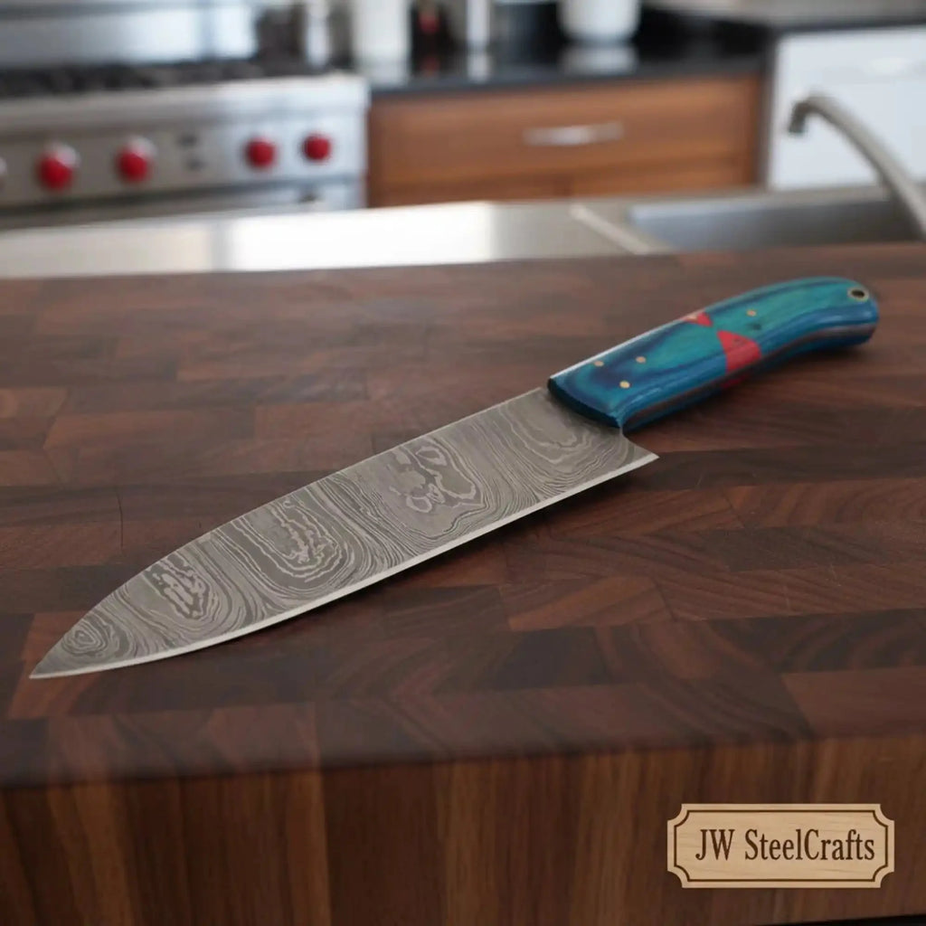 8-Inch Gyuto Chef Knife — Twisted Damascus Blade with Blue & Red Pakka Wood Handle (Full Tang, Hand-Forged)