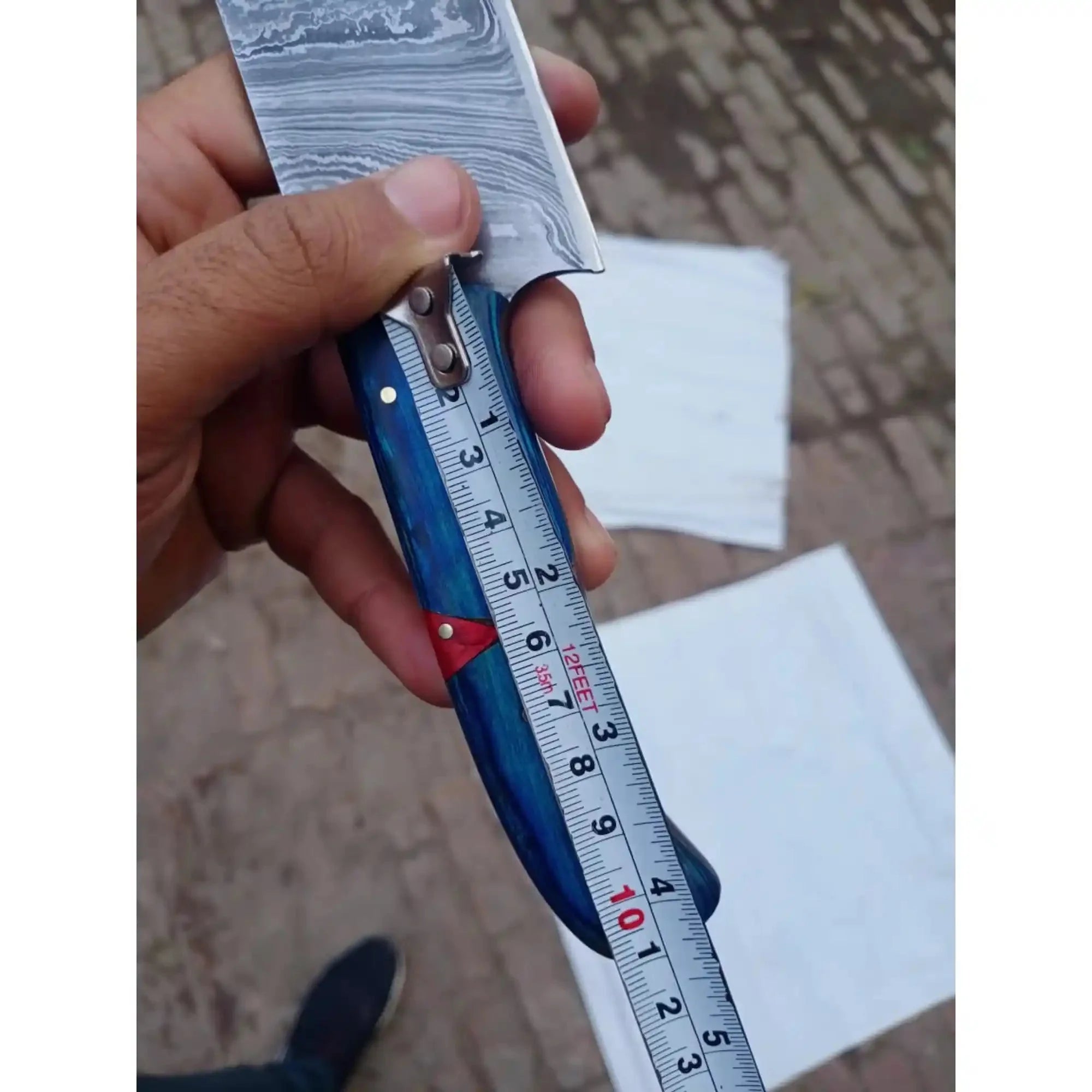 8-Inch Gyuto Chef Knife — Twisted Damascus Blade with Blue & Red Pakka Wood Handle (Full Tang, Hand-Forged)
