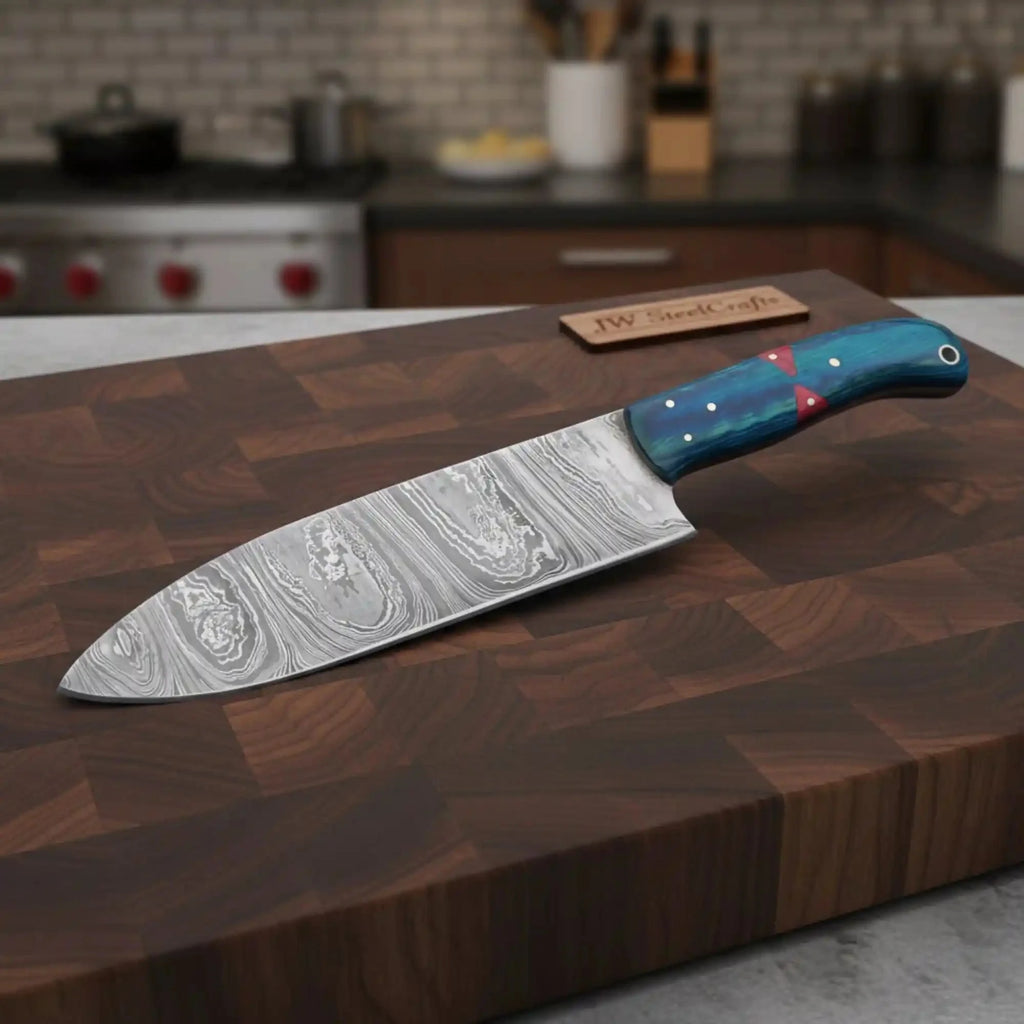 8-Inch Gyuto Chef Knife — Twisted Damascus Blade with Blue & Red Pakka Wood Handle (Full Tang, Hand-Forged)