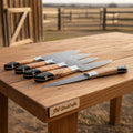 8-Piece Damascus Fillet & Precision Utility Knife Set — Olive Wood/Black Pakka Handles, Steel Bolsters, Full Tang
