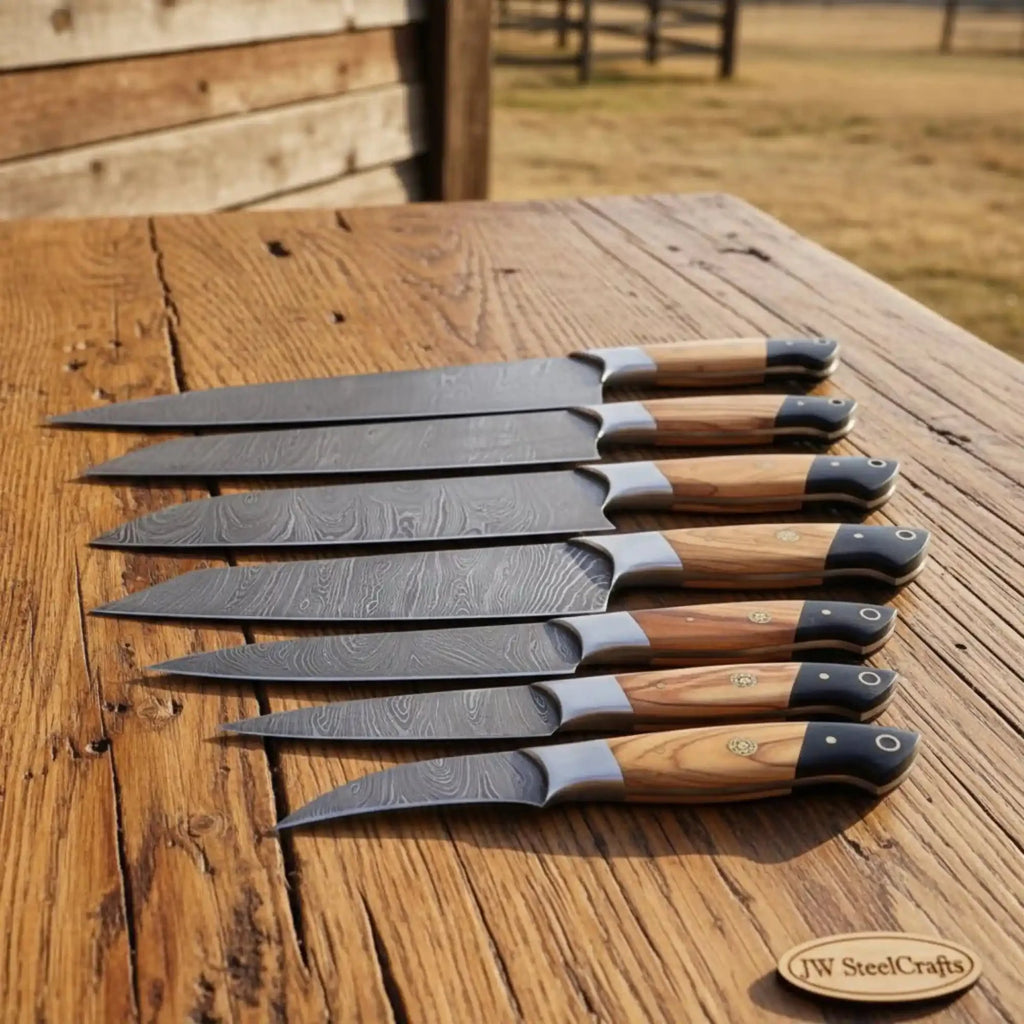 8-Piece Damascus Fillet & Precision Utility Knife Set — Olive Wood/Black Pakka Handles, Steel Bolsters, Full Tang