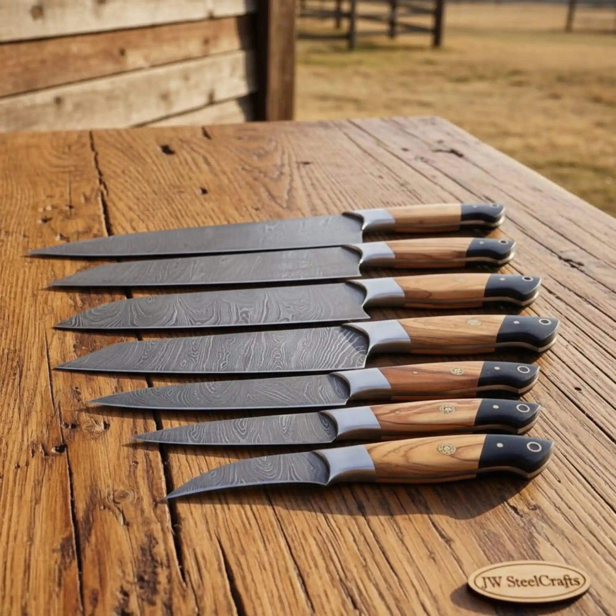 8-Piece Damascus Fillet & Precision Utility Knife Set — Olive Wood/Black Pakka Handles, Steel Bolsters, Full Tang