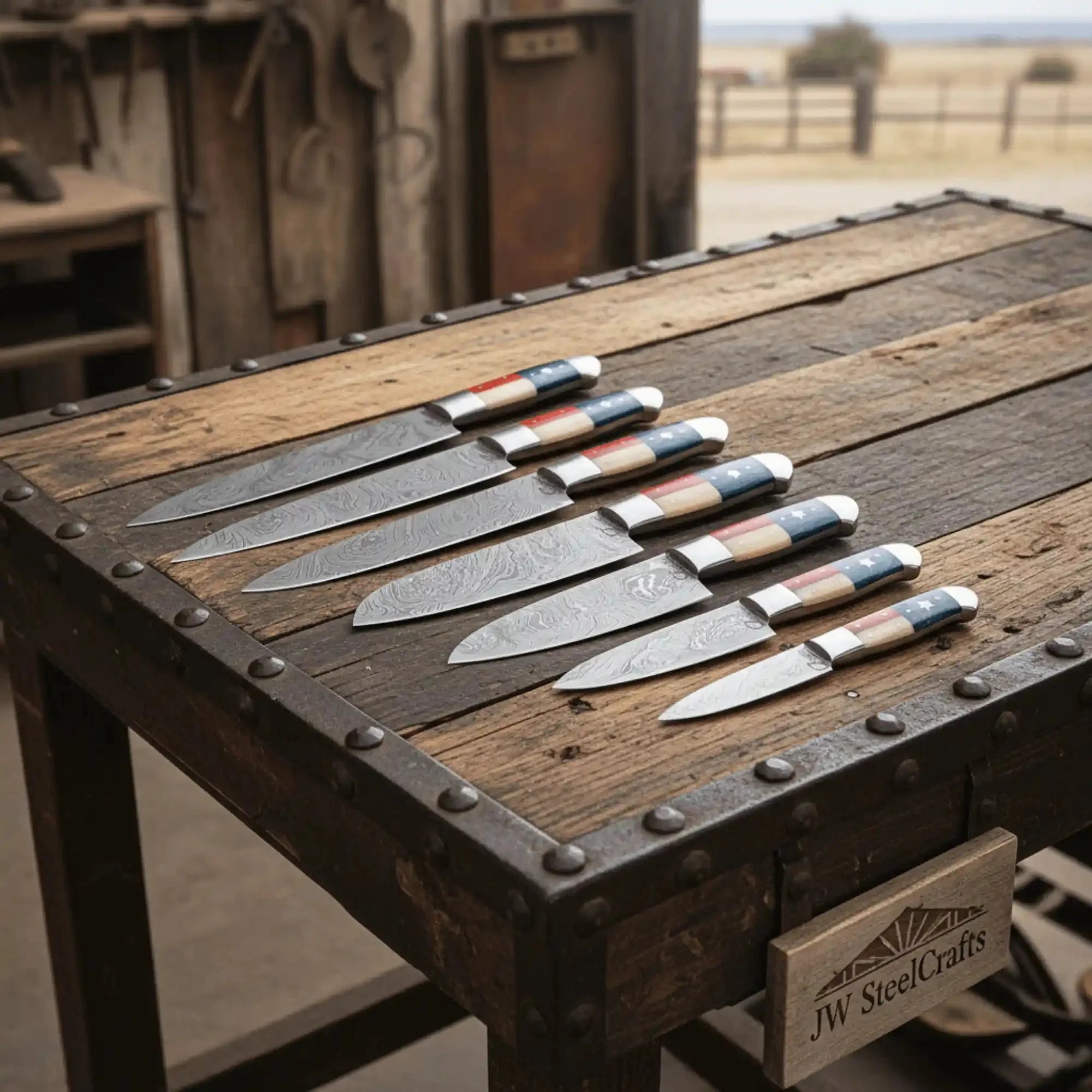 8 Piece Hand Forged Damascus Kitchen Knife Set, Texas Flag Inspired Handles, Full Tang Chef, Bread, Utility and Paring Knives