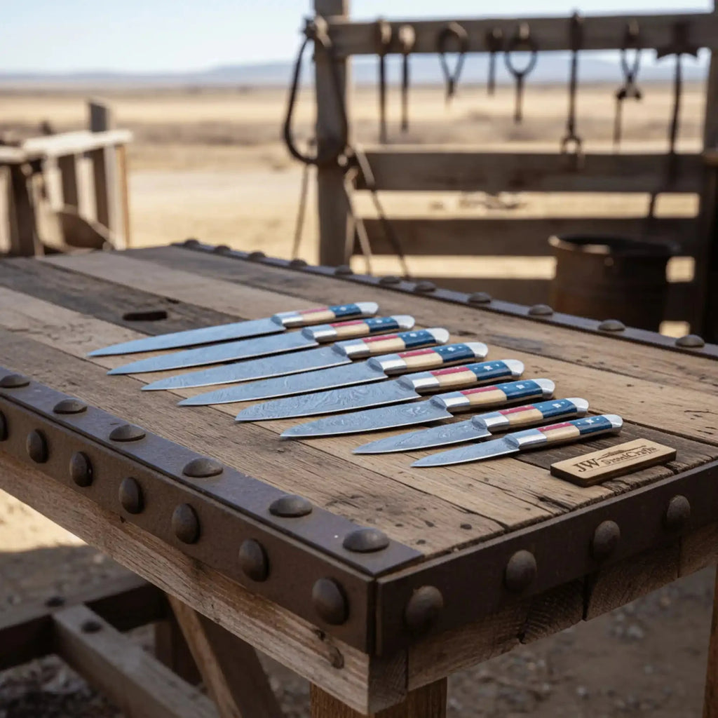 8 Piece Hand Forged Damascus Kitchen Knife Set, Texas Flag Inspired Handles, Full Tang Chef, Bread, Utility and Paring Knives