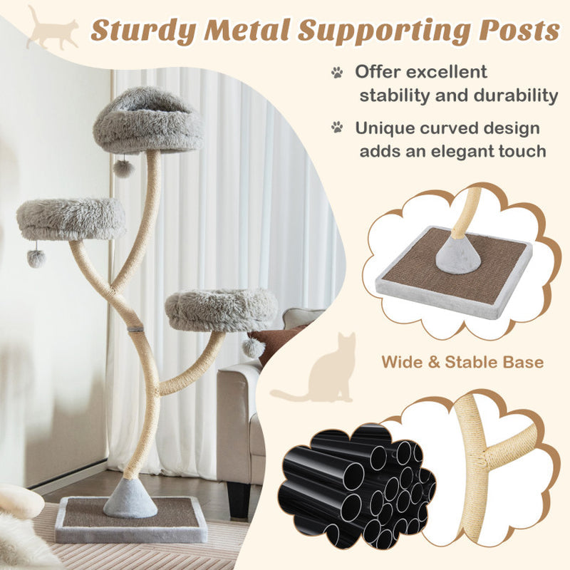 70" Tall Metal Cat Tree Tower with 3 Plush Perches & Sisal Scratching Posts