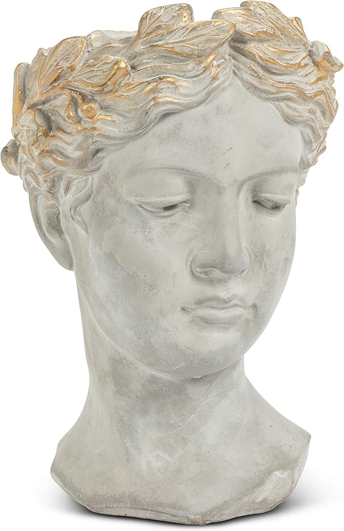 Abbott Collection Aphrodite Head Planter – Large Indoor and Outdoor Planter Pots - Whimsical Woman Statue Head Planter for Flowers and Succulents (10 inch, Grey/Gold)
