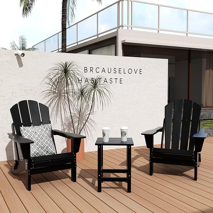 WO Home Furniture Adirondack Chairs Table Set of 3 PCS Outdoor Folding Chairs Side End Table Weather/UV Resistant for Lawn, Garden, Bon Fire, Balcony (Black)