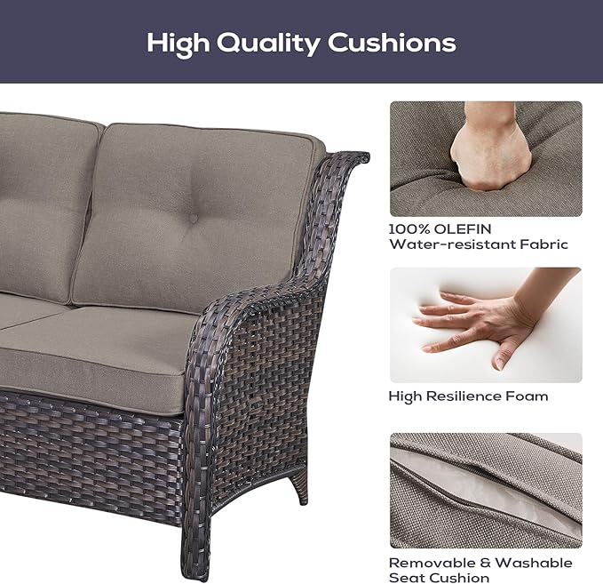 Outdoor Furniture Sectional Sofa L Shaped Couch - Patio Wicker Set with Coffee Table, 3 Piece Rattan Patio Conversation Sets with Gray Cushion for Deck Backyard Sunroom