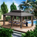 Kozyard Alexander 12' X 18' Hardtop Permanent Aluminum Metal Gazebo with Galvanized Steel Double Roof Canopy, Curtain and Netting, Gazebo Pavilion for Patio, Backyard, Deck, Lawn (Brown)
