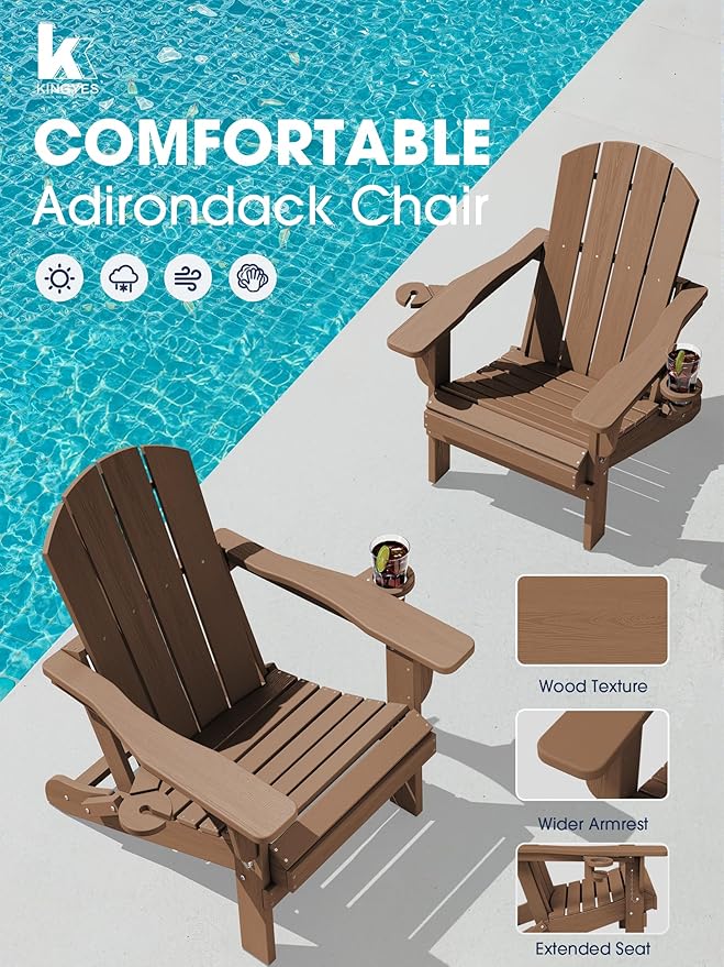 KINGYES Folding Adirondack Chair with Dual Cup Holders - HDPE All-Weather Outdoor Chairs, Brown