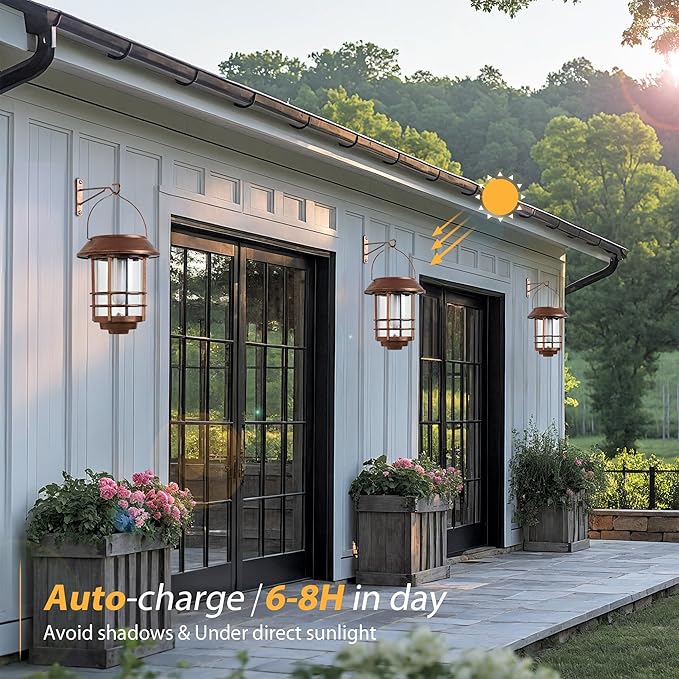 Otdair Solar Wall Lantern Outdoor, Flickering Flames Sconce Lights, Hanging Solar Lamps Wall Mount for Front Porch, Patio and Yard, 2 Pack, Bronze