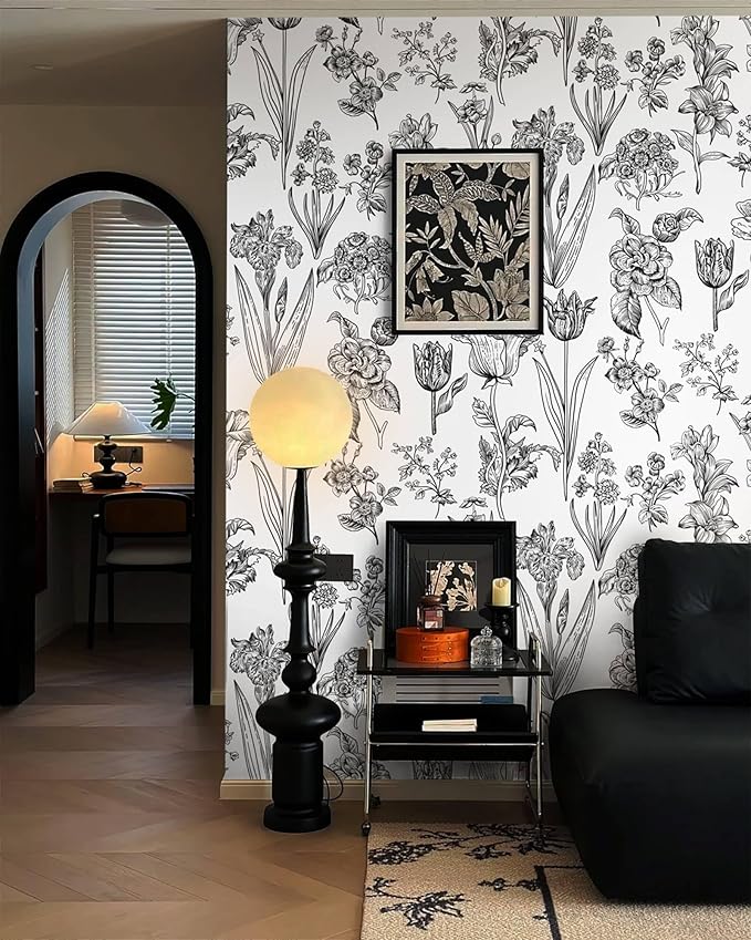 Dimoon 393"x17.3" Floral Peel and Stick Wallpaper White Contact Paper Waterproof Black Lines Wallpaper Vintage Flower Thicken Plant Self Adhesive Removable Wall Covering Shelf Liner Decal Vinyl Roll
