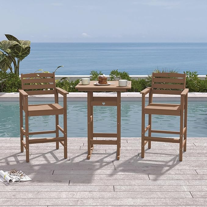 3-Piece Bar Height Patio Table and Chairs Set, HDPE Wood Grain Outdoor Bar Table and Chairs with Heart Cutout Design, Weather-Resistant Bar Height Furniture for Deck, Porch, Pool (Teak)