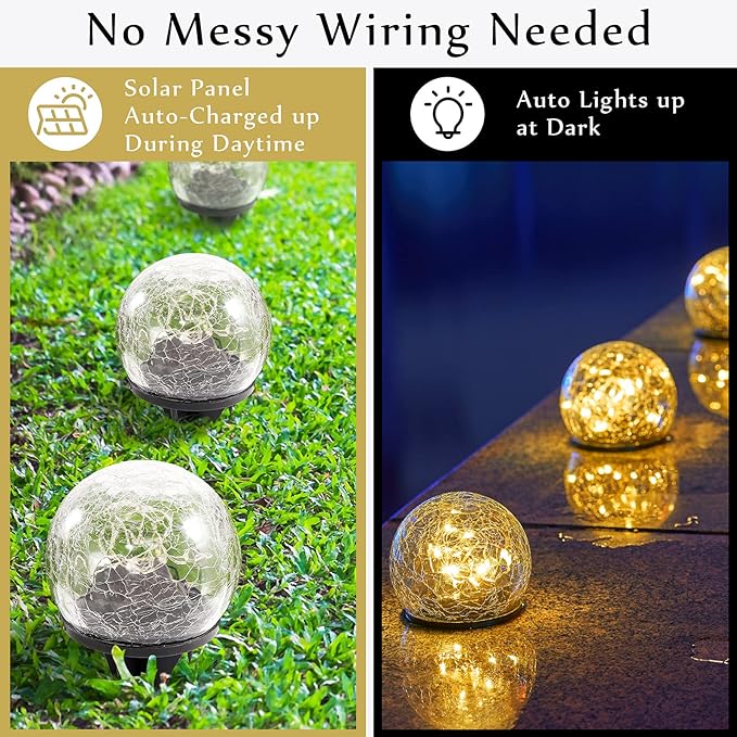 Honoson 3.9 Inch Solar Globe Lights Outdoor Waterproof, Solar Balls for Garden Cracked Glass Ball, Ground Landscape Garden Decor for Patio and Yard Lawn Backyard (8 Pieces)