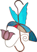 Plant Hanger Hook - Hummingbird with Pink Flower - Stained Glass Sun Catcher Plant Hook for Indoor and Outdoor Use - Copper S Hooks Top and Bottom