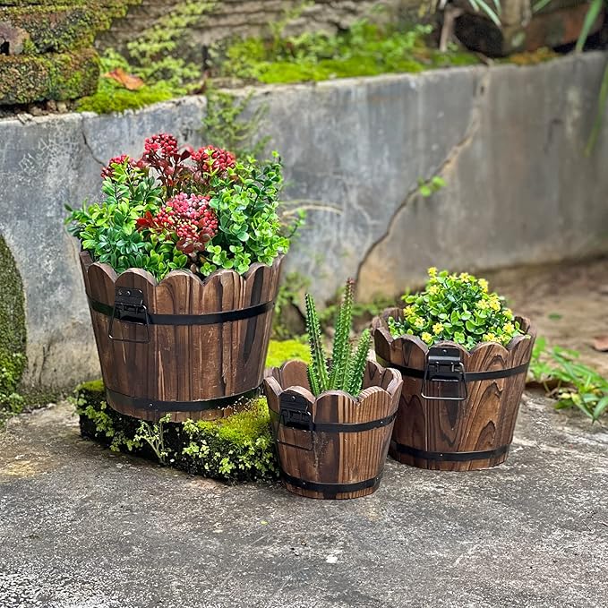 Wooden Bucket Barrel Planters, Small Flower Pot with Drainage Holes for Indoor Plants Home Décor, Set of 3