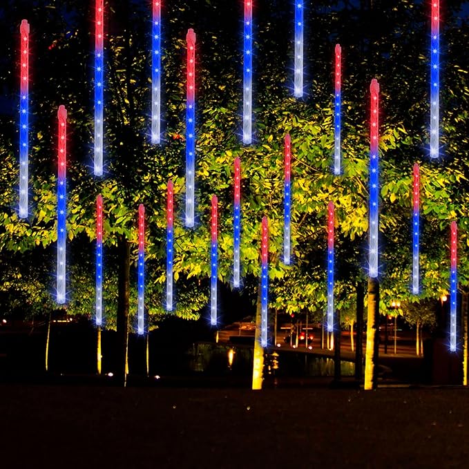Dazzle Bright 4th of July Lights Decorations, 288LED Red Blue and White Meteor Shower Rain Lights 12Inch 8 Tubes, Waterproof Plug in Falling Rain Light Independence Day for Outdoor Yard