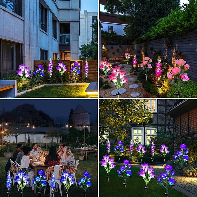 Solar Flowers Lights, 6 Pack Lily Rose Delphinium, Waterproof Gardening Gifts for Mom, Multi-Color Changing Outdoor Lights for Garden, Yard, Patio, Lawn