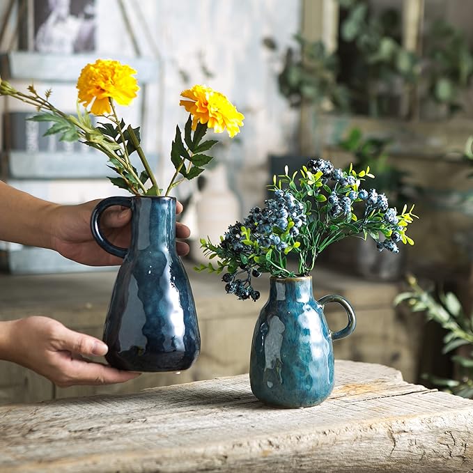 Ceramic Vase Set of 2, Blue Glazed Small Pottery Vases with Handles, Decorative Clay Vase Modern Farmhouse Decor, Centerpiece Dining Table Decorations Porcelain