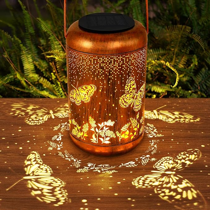 Solar Lanterns Outdoor Butterfly Hanging Lantern Lights, Gardening Gifts for Mom Women Grandma Solar Lights Waterproof LED Mode Change Metal Solar Garden Decor for Patio Yard Lawn Landscape Tabletop