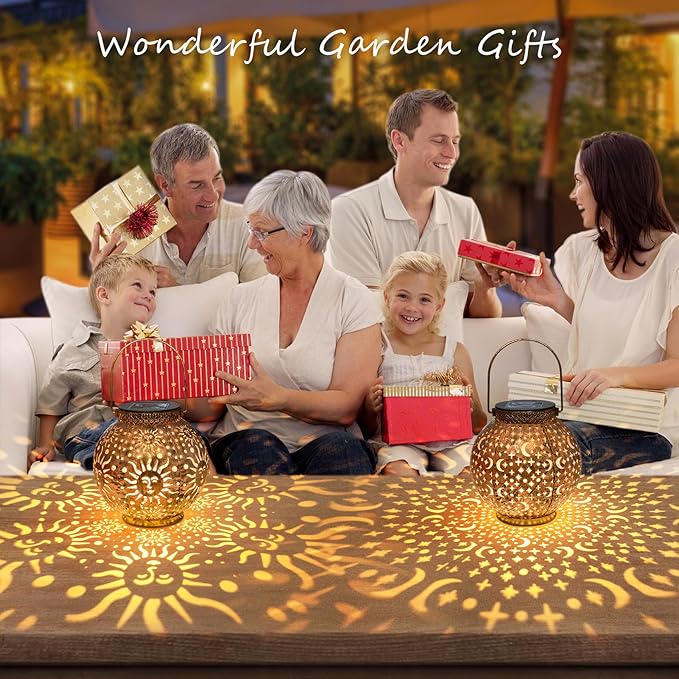 Go2garden Outdoor Solar Lanterns Waterproof Garden Gifts Women Yard Decorations Metal Moon Sun Hanging Solar Lights for Patio, Balcony, Tabletop,Birthday Mothers Day Gifts for Mom (Bronze,2Pack)