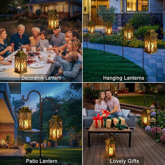 2Pack 11" Outdoor Solar Lanterns Waterproof Garden Patio Lantern Lights Flickering Candle Mission for Outside, Party, Yard, Lawn, Mothers Day Gifts Garden Gifts for Mom Women (Antique Green Bronze)