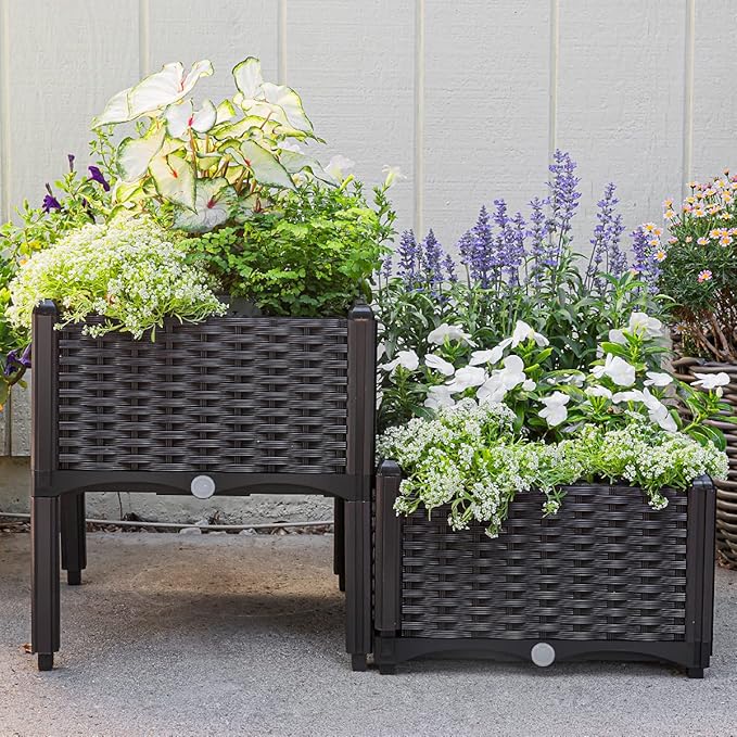 Barton 2 Pieces Raised Garden Bed Brown Plastic w/Self-Watering Design Outdoor Elevated Planter Box Kit Wheels Mobile