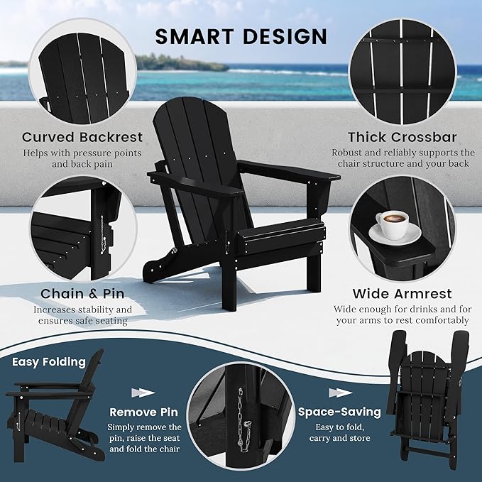Westin Outdoors Laguna WO Home Outdoor Adirondack Folding Chair Lounger Seat Traditional Retro Home Furniture for Beach, Balcony, Backyard, Lawn, Patio, Pool, Deck, Garden (Black)