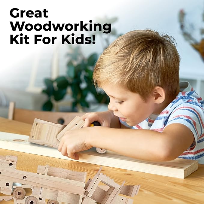 Kraftic Woodworking Building Kit for Kids, with 3 Educational DIY Carpentry Construction Wood Model Kit Toy Projects for Boys and Girls- Tractor, Bulldozer and Racing Car