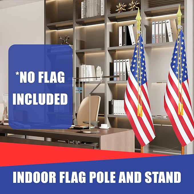 Super Tough Indoor Flag Pole kit 7ft - Plastic Spear - Gold Texture Base - Aluminum Flagpole with Brass Finish - Heavy Duty Inside House Flagstaff - Interior Shaft and Stand - No Ensign Included